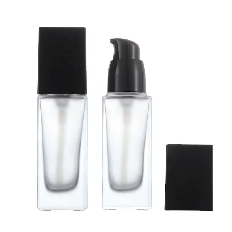 30ml Frosted Flat Square Glass Cosmetic Bottles with Pump Sprayer for Foundation Serum Lotion Oil and Perfume