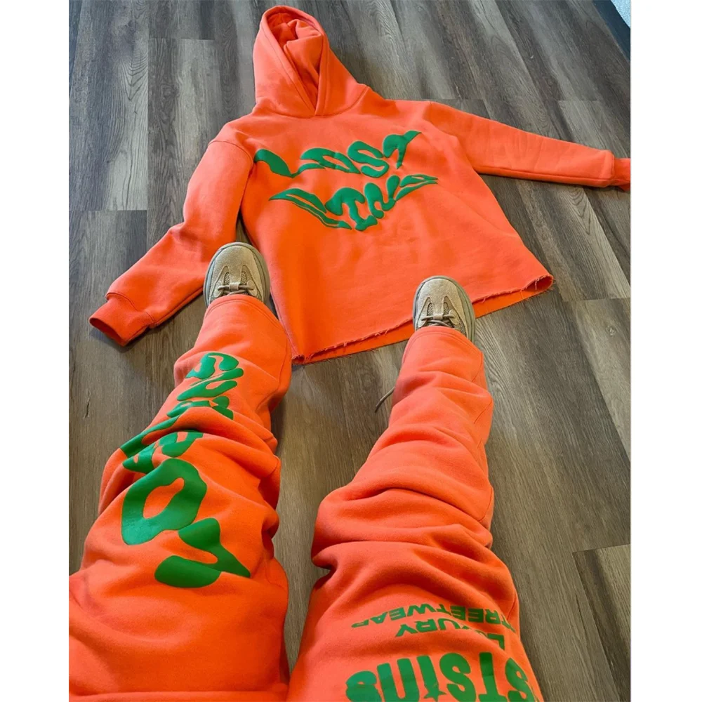 Custom Logo 3D Flared Tracksuit Men Fleece Graphic Padded Hooded Pullover Sweatshirt Jogger Sweatpants Set Raw Hem