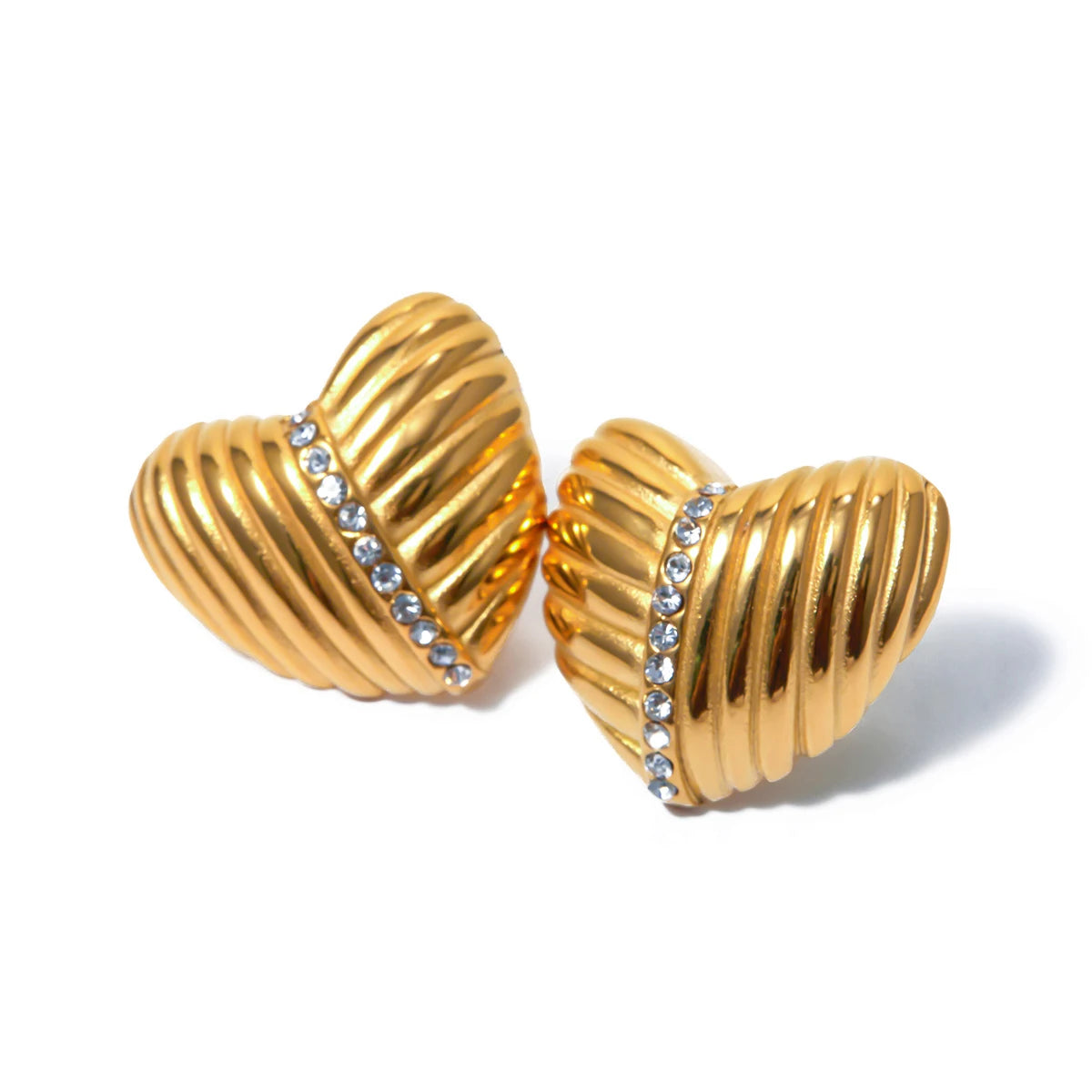 J&D Waterproof 18K Gold Stainless Steel Chunky Jewelry Big Line Texture Rhinestone Heart Earring Women