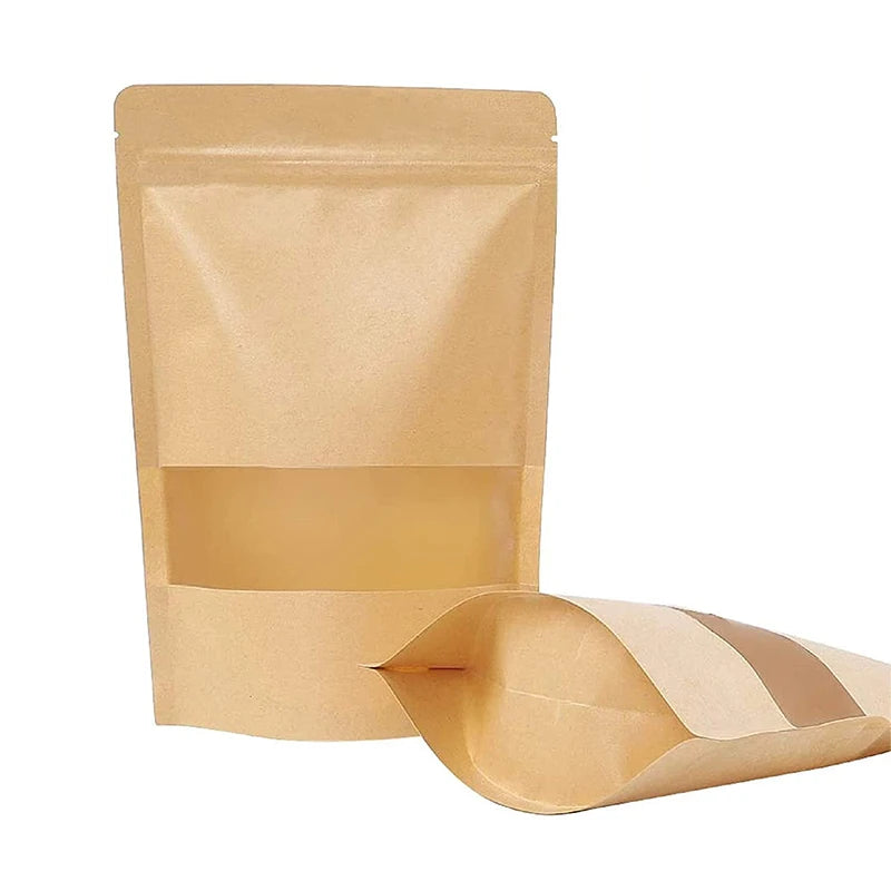 Waterproof Kraft Brown Paper Stand up Pouch Bag with Zipper Top Matte Frosted Window for Food Packaging Sugar & Nuts Storage