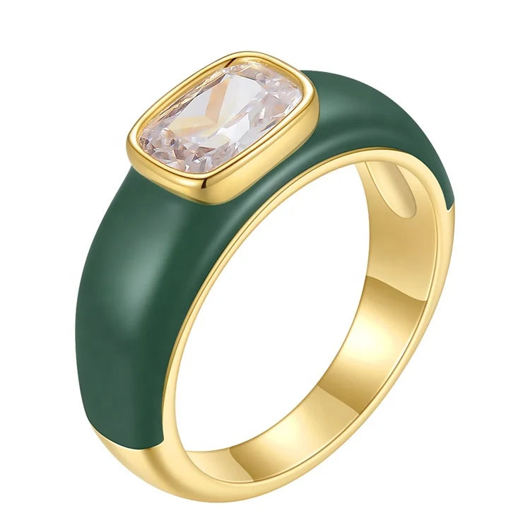 Latest High Quality 18K Gold Plated Brass Jewelry Green Epoxy Zircon Finger Rings Accessories Ring R214104