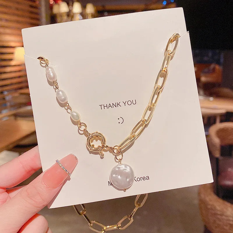 Vintage Charm Pendant Baroque Pearl Necklace Collar De Cadena Good Quality Hollow Gold Plated Chain Necklace