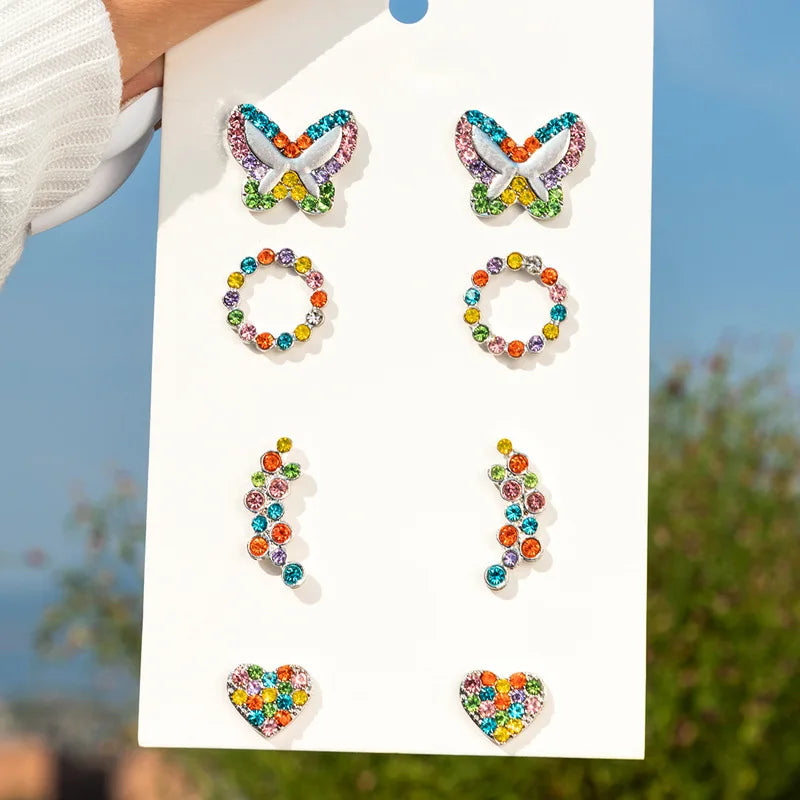 4Pairs/Set Colorful Zircon Earring Heart Butterfly Design Heart Colorful Ear Stud Piercing  Earrings For Women Fashion Jewelry