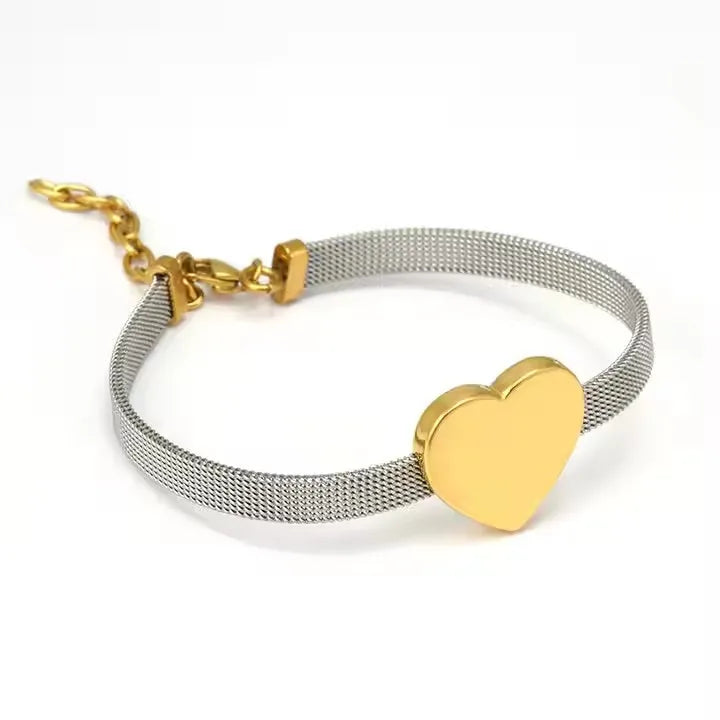 18K Gold Plated Heart Charm Stainless Steel Watch Band Bracelet Pulsera De Mujer Lettering Fashion Jewelry for Bracelets