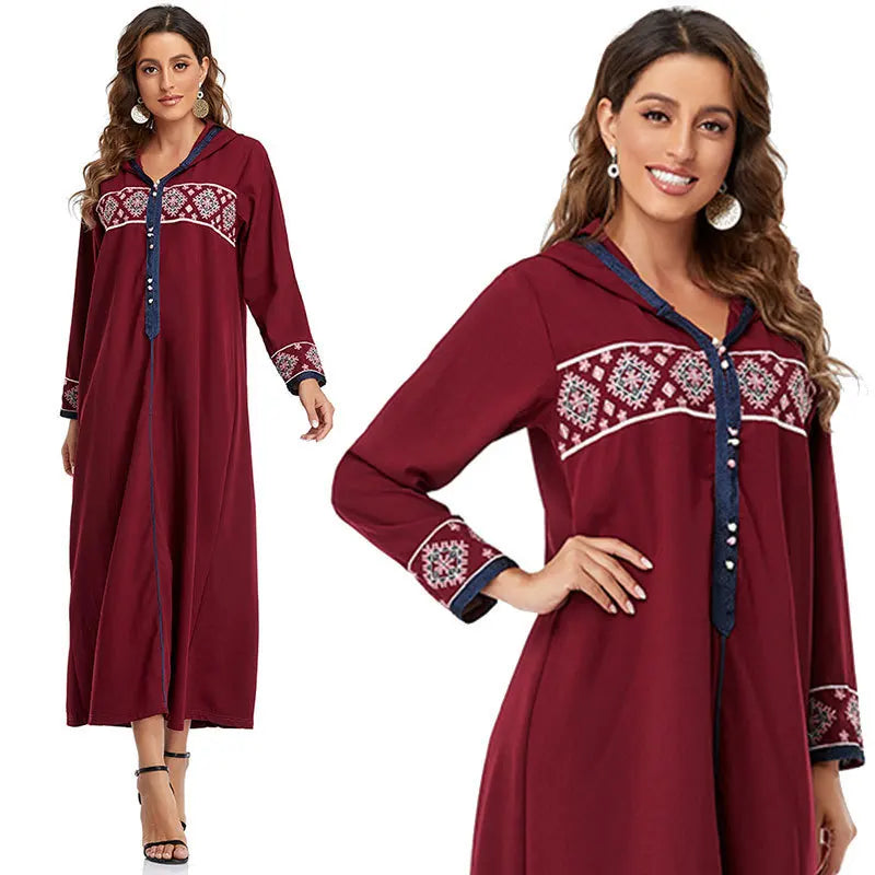 Lanna Elastic Spandex Traditional Embroidery Wear Long Sleeves Islamic Muslim Clothing Full Length for Prayer Abaya Ramadan