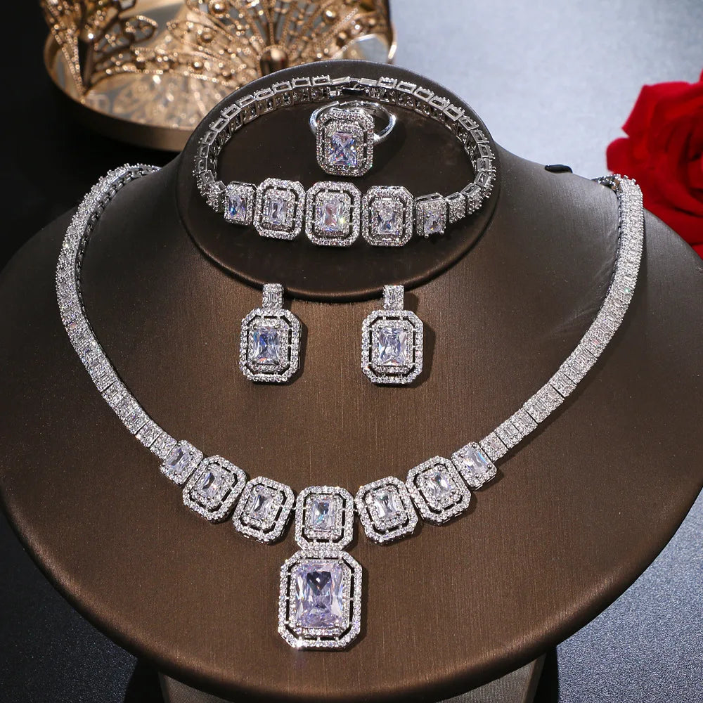 Wedding Bridal Bridesmaid Jewelry Zircon Necklace Ring Bracelet Earring Luxury Large Rectangular Jewelry Set for Women