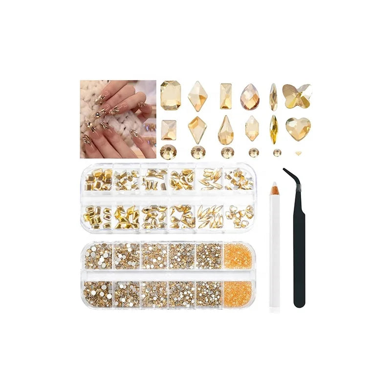 Champagne Gold Nails Rhinestones  Big Golden Nail Charms Diamond  Stones with Bling Flatback Round Beads