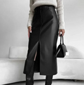 Enyami Streetwear Autumn Spring Fashion Design PU Leather Plush Leisure High Split Straight Long Skirts Women