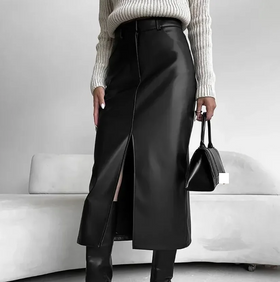 Enyami Streetwear Autumn Spring Fashion Design PU Leather Plush Leisure High Split Straight Long Skirts Women