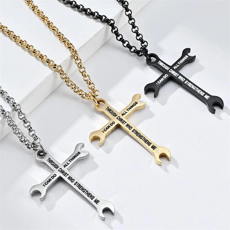 Spanner Design cross pendant Necklace I CAN DO ALL THINS Stainless steel Silver / Gold / Black Pendant Necklace for Men
