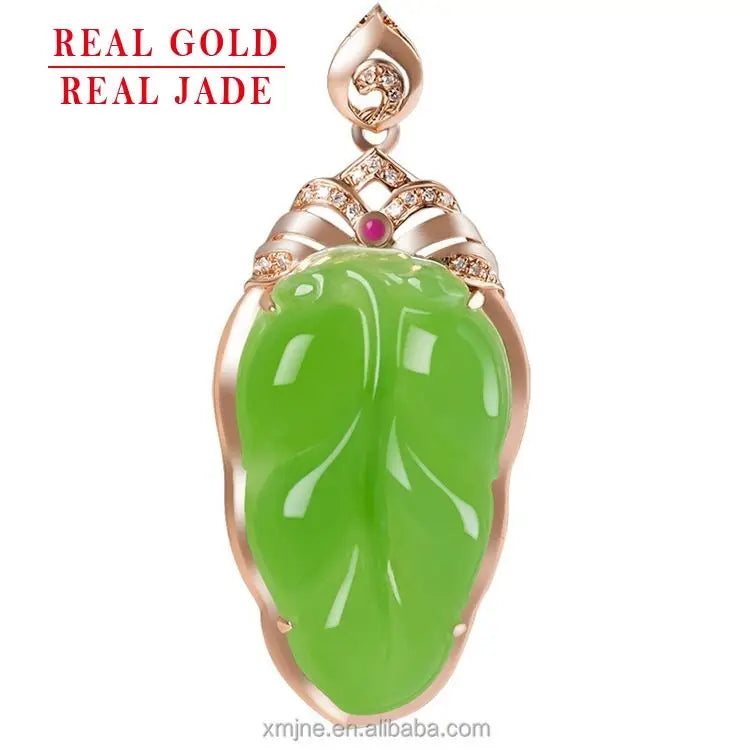 Certified Grade a Fruit Green Hotan Jade Green Jade Leaf 18K Rose Gold Natural Jade Pendant Necklace for Men and Women