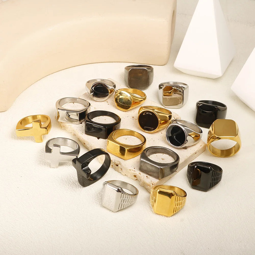 Wholesale New Design Men's Punk Black Stainless Steel Geometric Ring 18k Gold PVD Trendy Style Customizable