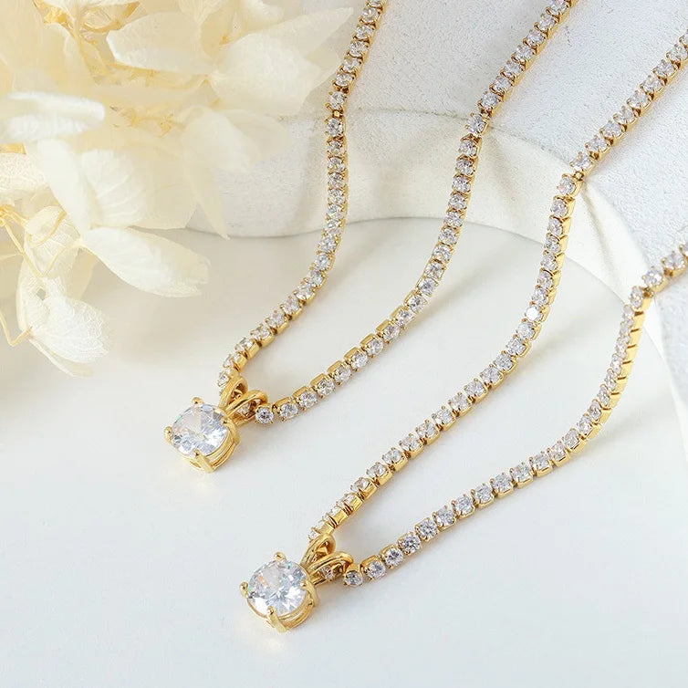 Waterproof &tarnish Free Zirconia Women Tennis Gold Plated Crystal Diamond Stainless Steel Necklaces