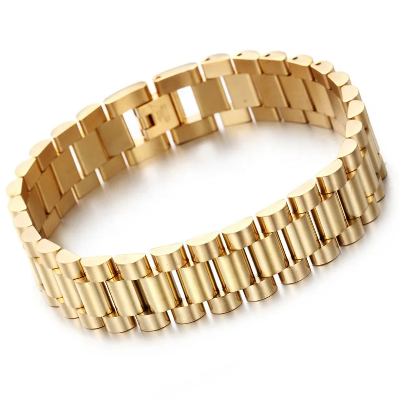 New Design 18K Gold Plated Titanium Men's Bracelet Hip Hop Style Plain Stainless Steel Zircon for Weddings Watchband for Male