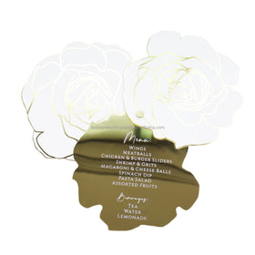 Custom Luxury Hot Stamping Gold Mirror Acrylic Menu Cards Creative Floral White Paper Wedding Menus Music Angel Fairy Cross