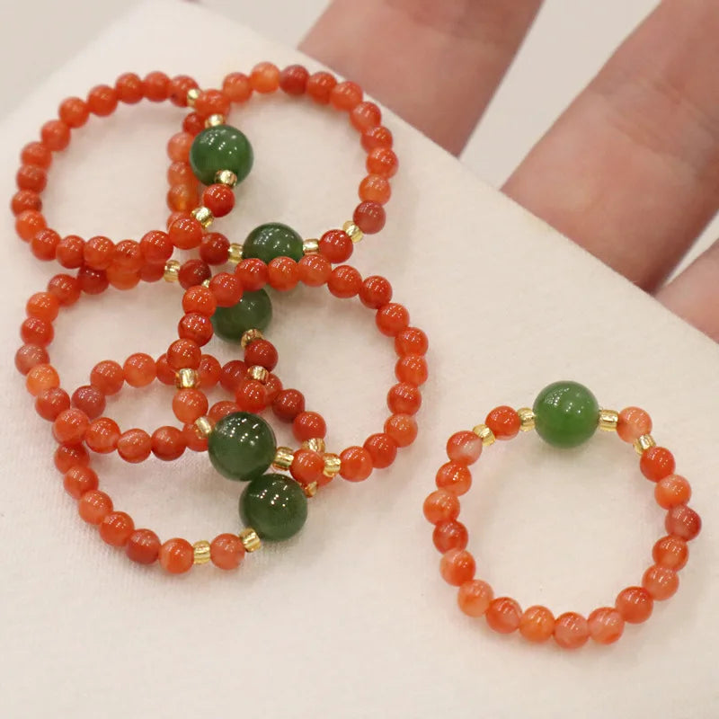 Risingmoon 4mm Natural Stone Ring Healing Crystal Beaded Ring  Agate Jade Adjustable Ring Jewelry for Ladies Gift