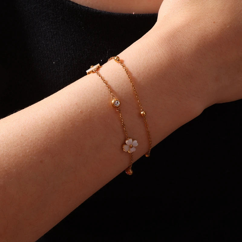 G3827 Wholesale 18K Gold Plated Stainless Steel Flower Charm Bracelets Double Chain Hand Fashion Jewelry Bracelet