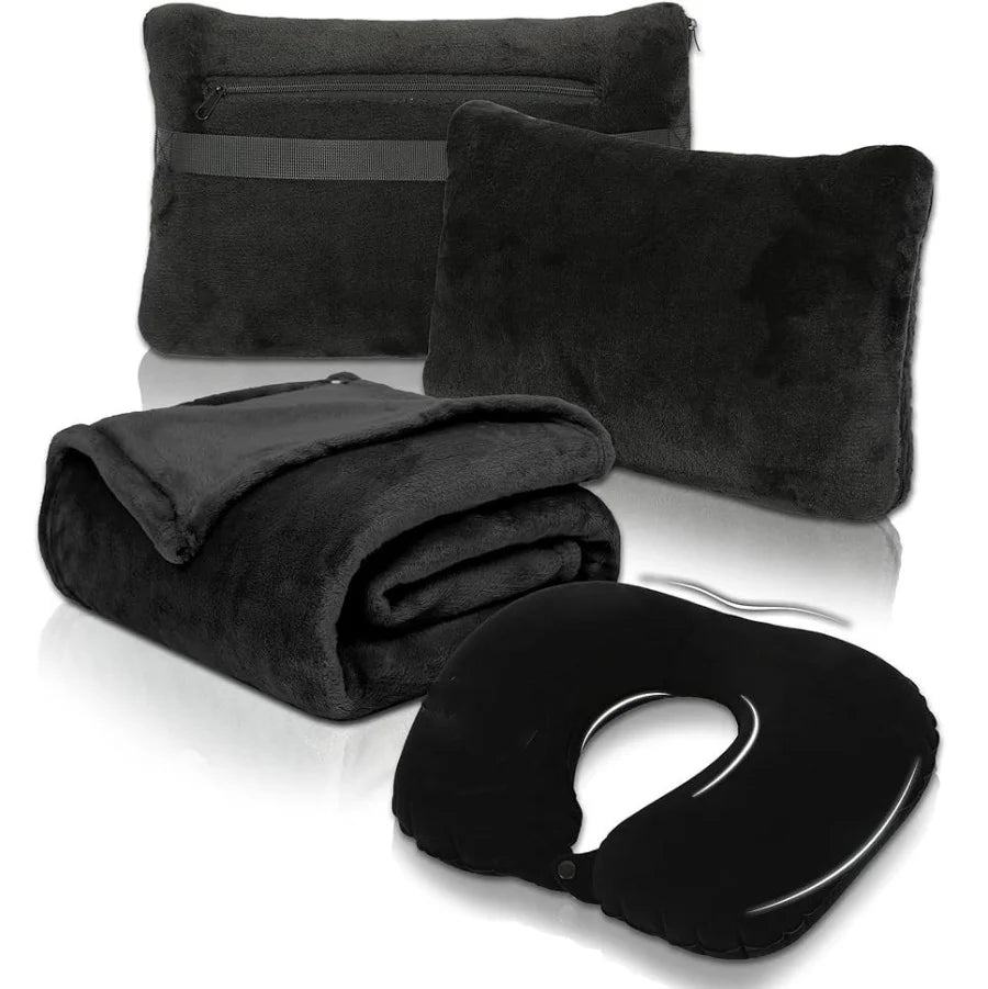 Custom Embroidery Neck Pillow Airplane Throw Fleece Blanket Compact Travel Pillow and Blanket Set