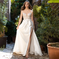 13202#Sexy Slit Princess Elegant A-Line Wedding Dresses Boat Neck Illusion Back Cap Sleeve Civil Satin Lace Wedding Bridal Gown