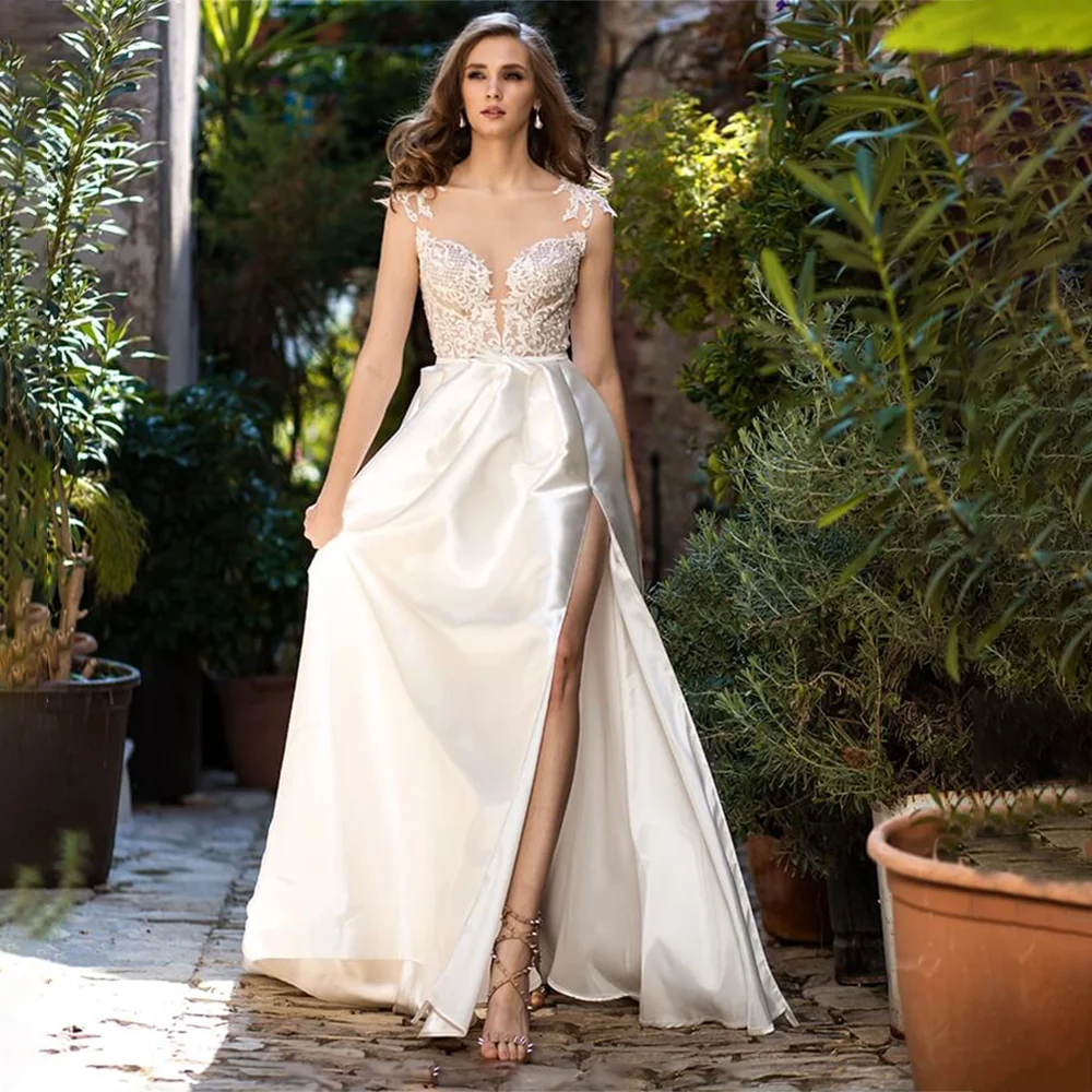 13202#Sexy Slit Princess Elegant A-Line Wedding Dresses Boat Neck Illusion Back Cap Sleeve Civil Satin Lace Wedding Bridal Gown