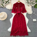 Women's Short Sleeved Lapel Waistband Slim Lace Formal Dress Long Skirt