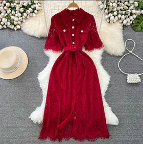 Women's Short Sleeved Lapel Waistband Slim Lace Formal Dress Long Skirt