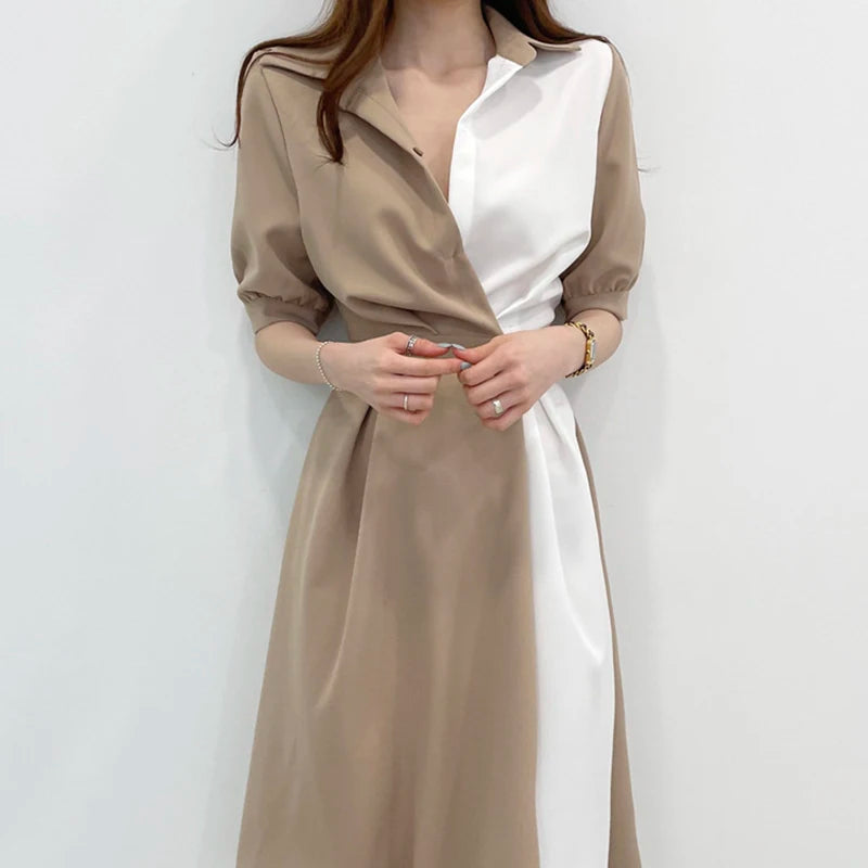 Wholesale 2026 Summer Korean Chic Lapel Design Sense Contrast Stitching One Button Waist Short-sleeved Elegant OL Dress