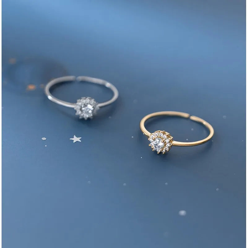 925 Sterling Silver Round Shape Ring Adjustable Open Gold Plated Cubic Zirconia Finger Rings Jewelry for Women