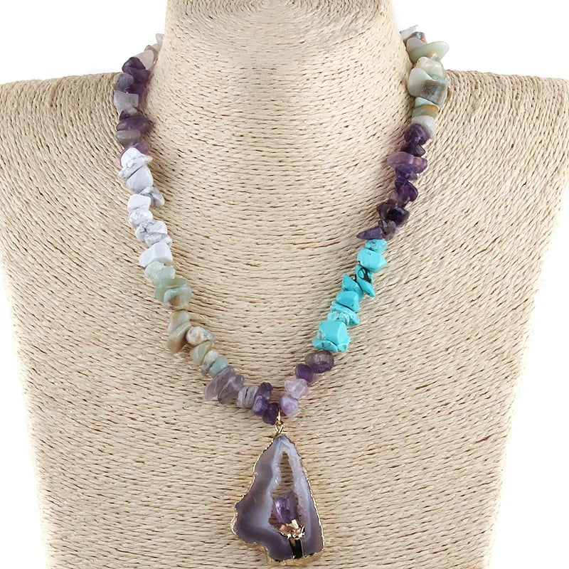 Fashion Chip Shell Jewelry Amethyst Turquoise Amazonite Gravel Necklace Irregular Druzy Pendant Choker Necklace Western Jewelry