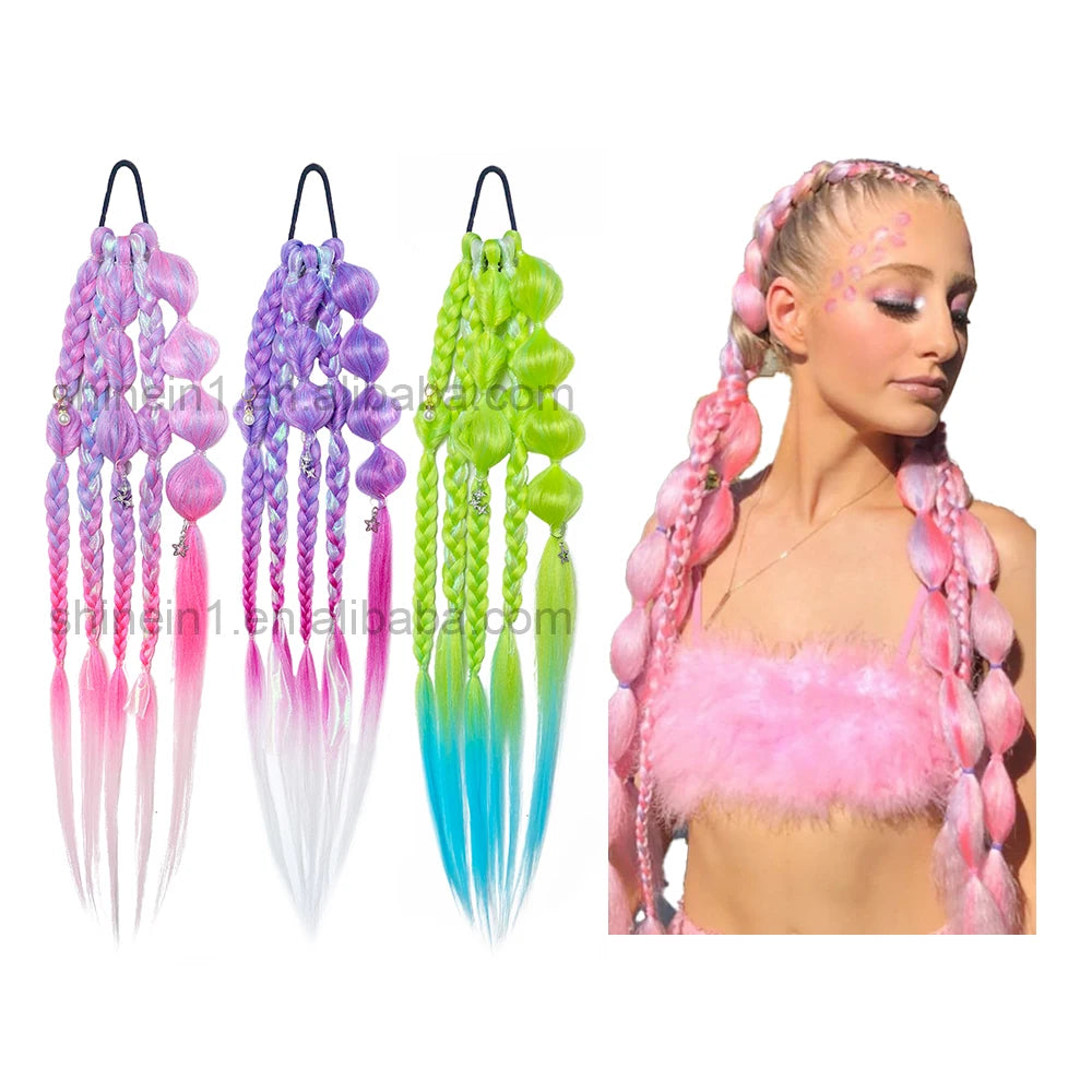 Shinein 24 Inch Pre Stretched Crochet Braided Bubble Ponytail Easy Braids Rave Mermaid Colored Hair Extensions for Girls