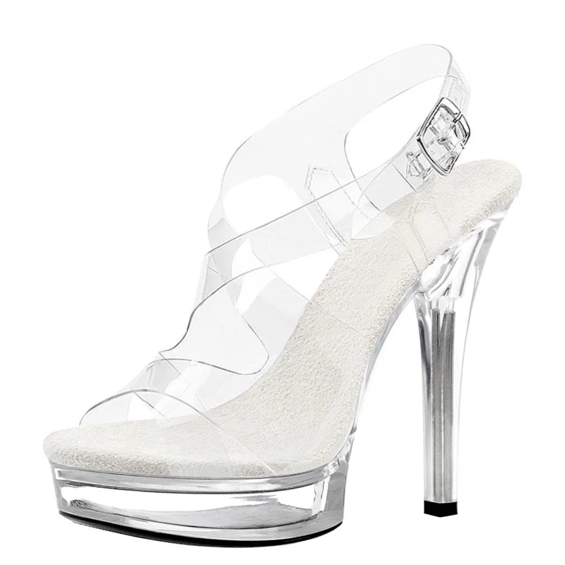Crystal Transparent Bottom Nightclub Fetish Dress 13cm Party Women's Bride Elegant Platform Leaky Toe Sandals Striptease Shoes