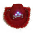 Women LED Light up Flashing Sequins Fur Trim Red Cowgirl Hats Western Party Cowboy Hat