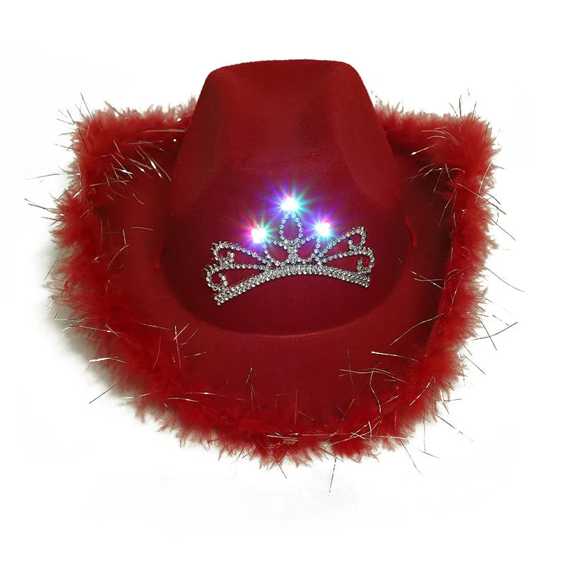 Women LED Light up Flashing Sequins Fur Trim Red Cowgirl Hats Western Party Cowboy Hat