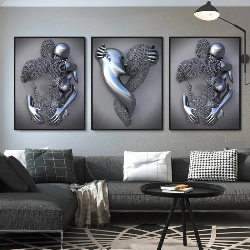 Creative Metal Figure Hugging Sculpture Frameless Canvas Art Modern Wall Decor for Sofa Background