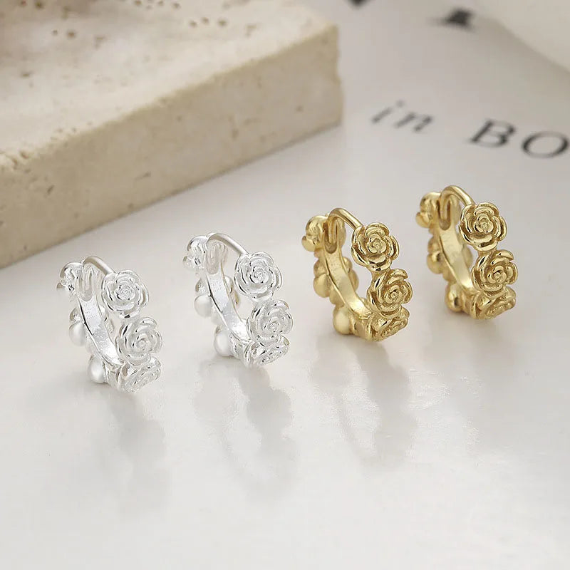 Trendy Rose Flowers Hoop Earring for Women Wholesale 925 Sterling Silver Gold Plating Rose Huggie Earring