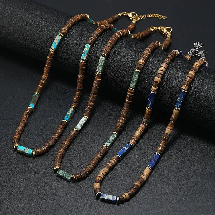 Hot Selling Natural Stone Brown Wooden Coconut Shell Beads Necklace 2024 Summer Bohemian Ethnic Style Vintage Men Necklace Gifts