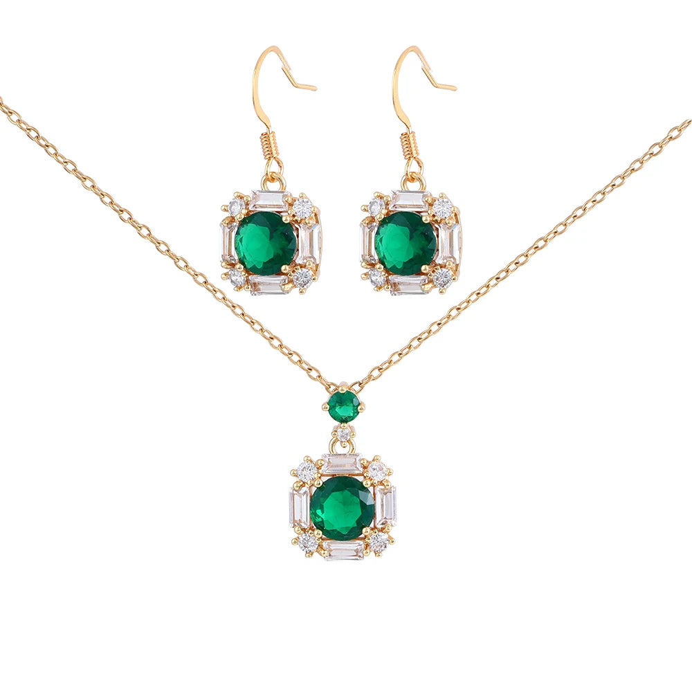Fashion Jewelry Set Women Green Gemstone Emerald Zircon Pendant Gold Plated Necklace and Earring Sets