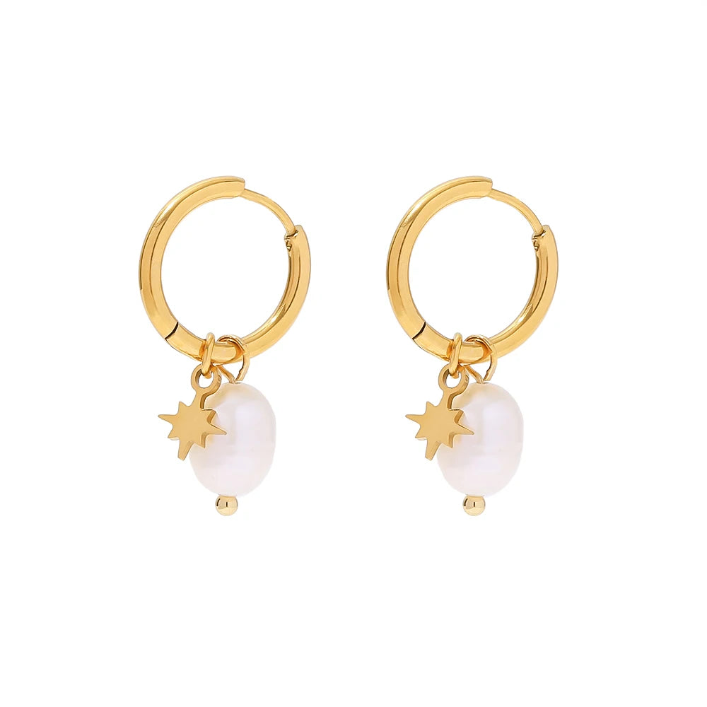 18k Gold Plated Stainless Steel Freshwater Pearl Star Charm Dainty Pendant Hoop Earrings for Women