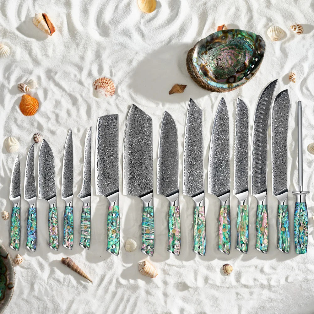 Wholesale 67layers VG10 Damascus Steel Fruit Carving Santoku Abalone Chef Kitchen Knife Set with Abalone Shell Resin Handle