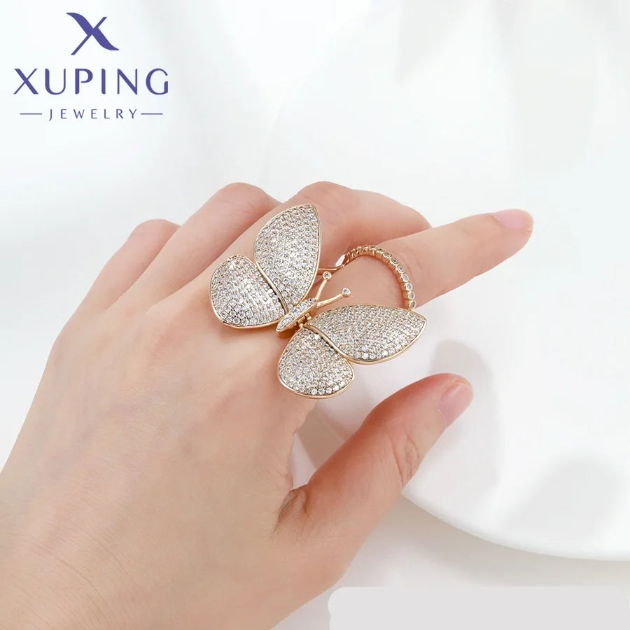 XUPING Jewelry Wholesale Fashion Synthetic Cubic Zirconia CZ Iced Out Animal Shape Women Big Butterfly Ring