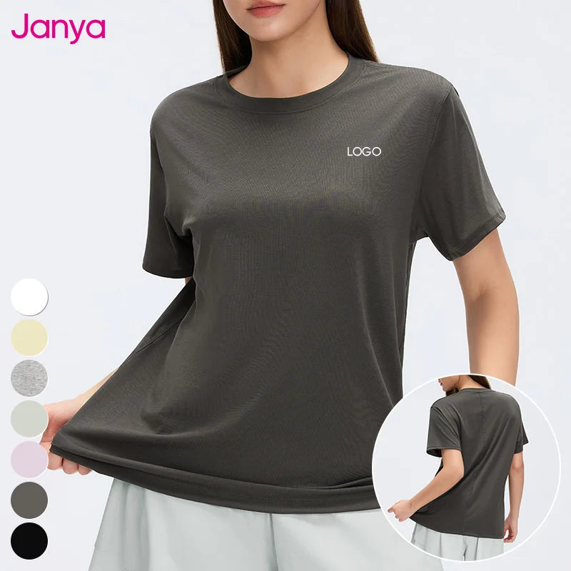 Janya Solid Color Casual Loose Gym Fitness Clothing Women's Sweat-Wicking Lightweight Breathable Short Sleeve Crewneck Yoga Top