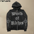Quality Embroidery Zip Hoodie Heavyweight Cotton French Terry Oversized Hoodies Custom Zipper Rhinestone Zip up Mens Hoodies