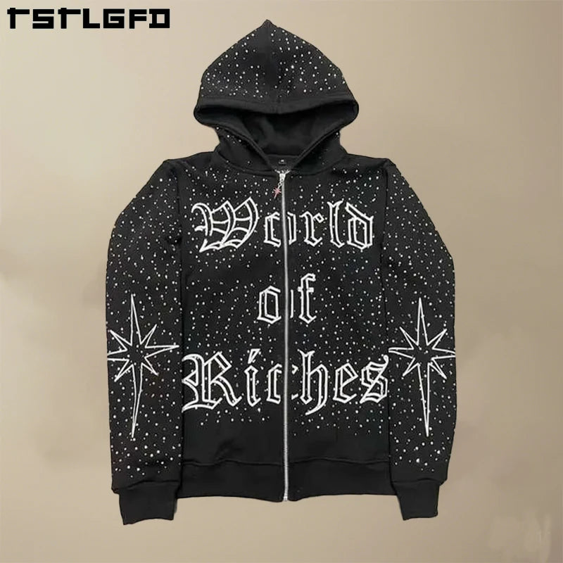 Quality Embroidery Zip Hoodie Heavyweight Cotton French Terry Oversized Hoodies Custom Zipper Rhinestone Zip up Mens Hoodies