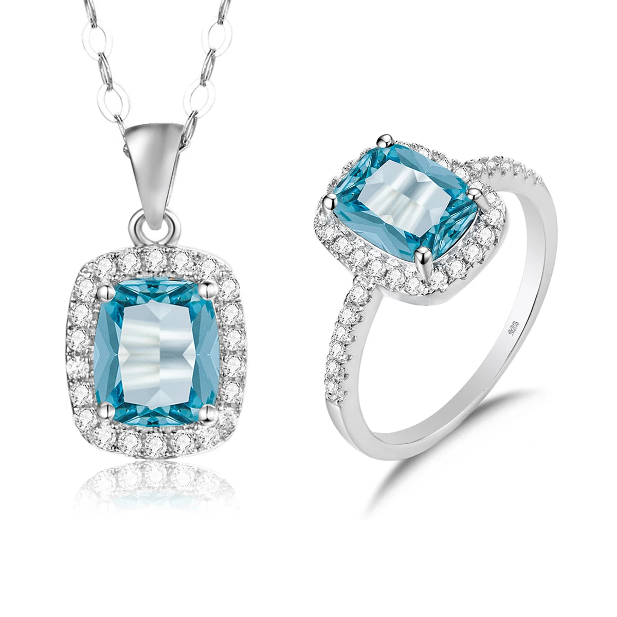 925 Silver Crystal Stone Rings and Pendant Necklace Sets Blue Topaz Aquamarine Gemstone Jewelry Display Set