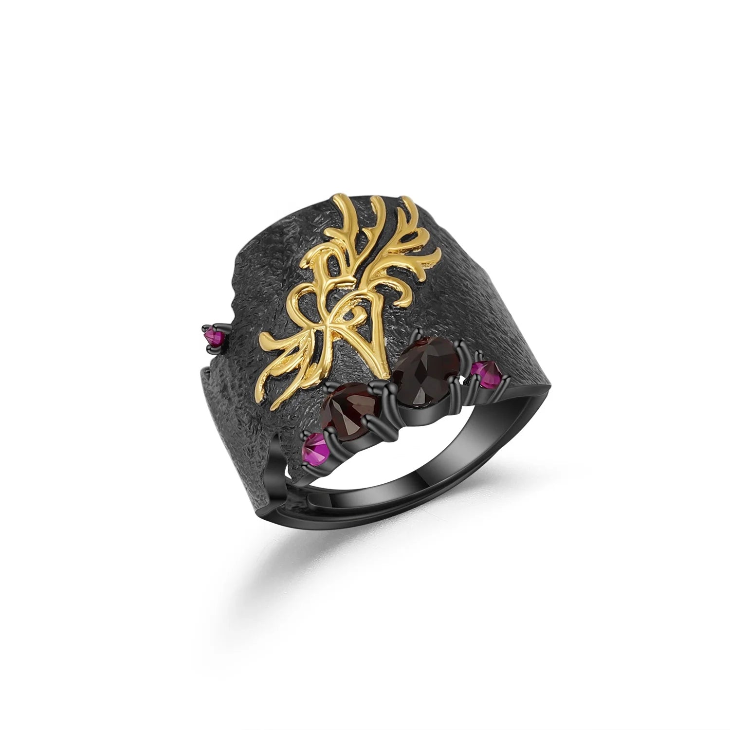 C7933 Abiding Natural Black Garnet Gemstones Band Adjustable 925 Sterling Silver Handmade Equinox Flower Rings Woman Art Jewelry