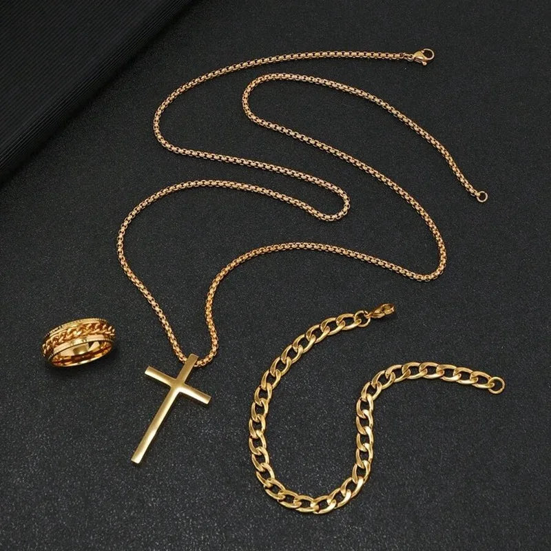 DAIHE Fashion 3 PCS Stainless Steel Jewelry Sets Cross Necklace Bracelet Ring Set Non Tarnish