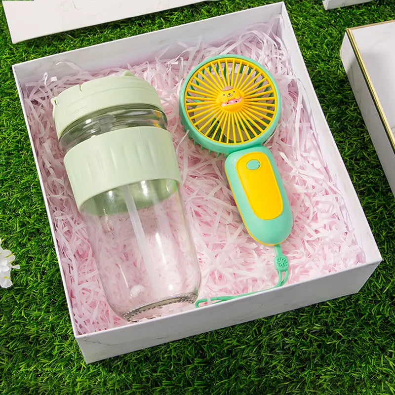 Dual-Use Glass Cup and Mini Fan Gift Set for Weddings Reunions Birthdays-Return Gifts for Girls and Mom
