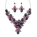 Purple Rhinestone Crystal Necklace Earring Set Elegant Wedding Flower Leaf Teardrop Necklace Earring Set