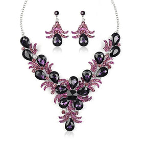 Purple Rhinestone Crystal Necklace Earring Set Elegant Wedding Flower Leaf Teardrop Necklace Earring Set