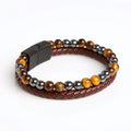 Bulk Handmade Natural Stone Beads and Leather Braided Two Layers 21cm Magnetic Clasp Bangles Wrist Bracelet Jewelry for Men